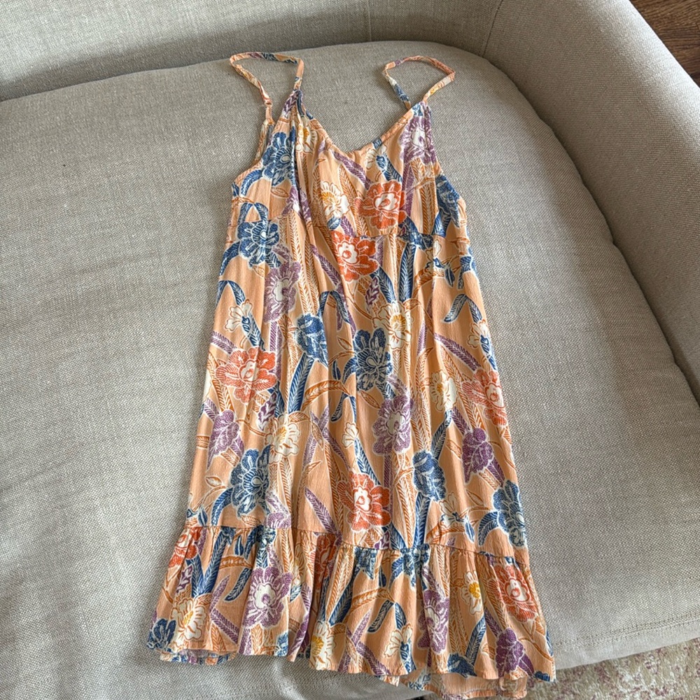 Urban Outfitters Batik Mini Dress Peach Floral Spaghetti Straps Ruffle Hem - EUC
